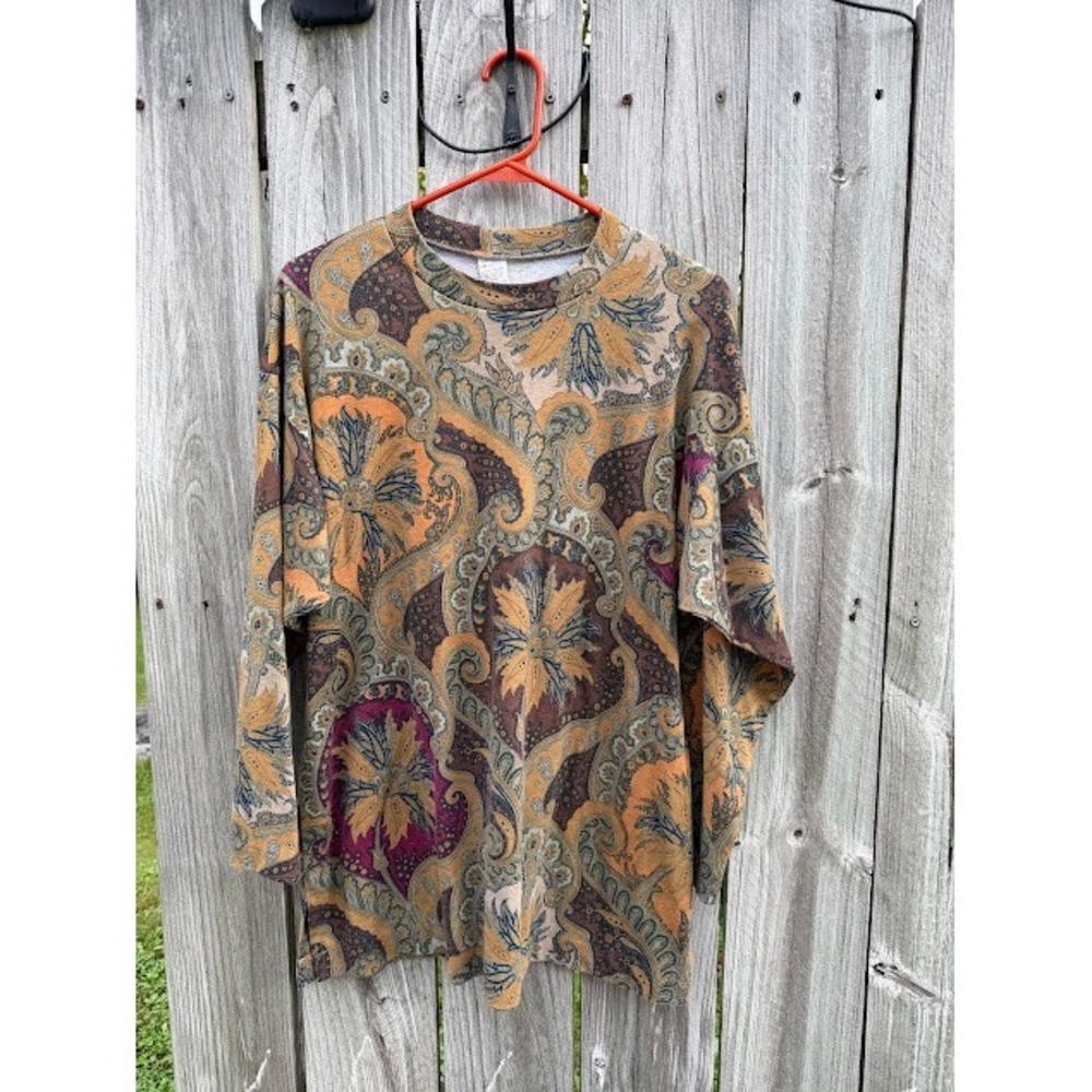 Vintage 90s Boho Unbranded Paisley Knit Top L XL Orange Earthy Retro Crewneck
